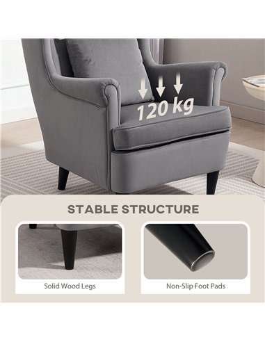 HOMCOM Modern Accent Chair, Upholstered Wingback Armchair with High Backrest and Pillow, Velvet-Feel Fabric Reading Chair with S