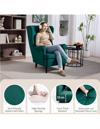 HOMCOM Modern Accent Chair, Upholstered Wingback Armchair with High Backrest and Pillow, Velvet-Feel Fabric Reading Chair with S
