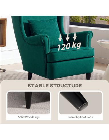 HOMCOM Modern Accent Chair, Upholstered Wingback Armchair with High Backrest and Pillow, Velvet-Feel Fabric Reading Chair with S