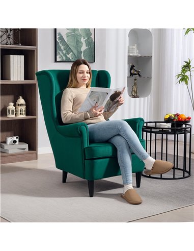 HOMCOM Modern Accent Chair, Upholstered Wingback Armchair with High Backrest and Pillow, Velvet-Feel Fabric Reading Chair with S