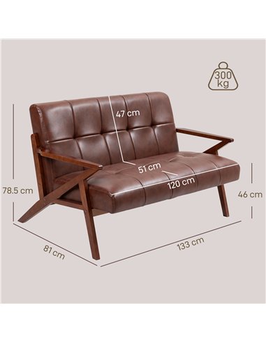 HOMCOM Compact 2 Seater Sofa, Vintage Tufted Loveseat Sofa with Solid Wood Legs, PU Leather Small Couch Settee for Living Room, 