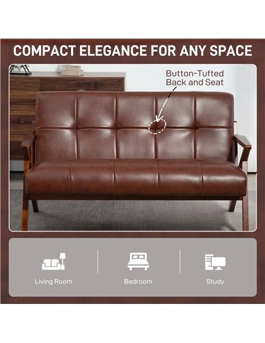 HOMCOM Compact 2 Seater Sofa, Vintage Tufted Loveseat Sofa with Solid Wood Legs, PU Leather Small Couch Settee for Living Room, 