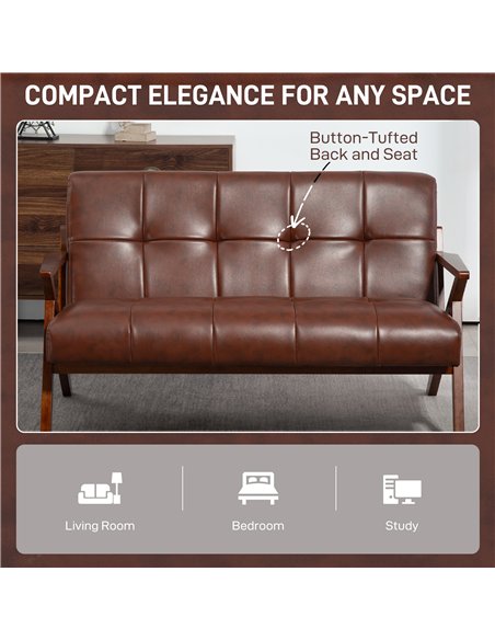 HOMCOM Compact 2 Seater Sofa, Vintage Tufted Loveseat Sofa with Solid Wood Legs, PU Leather Small Couch Settee for Living Room,  - pic 169462 | FastDaddyshop