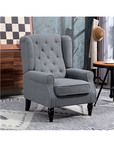 HOMCOM Wingback Accent Chair, Retro Upholstered Button Tufted Occasional Chair for Living Room and Bedroom, Grey