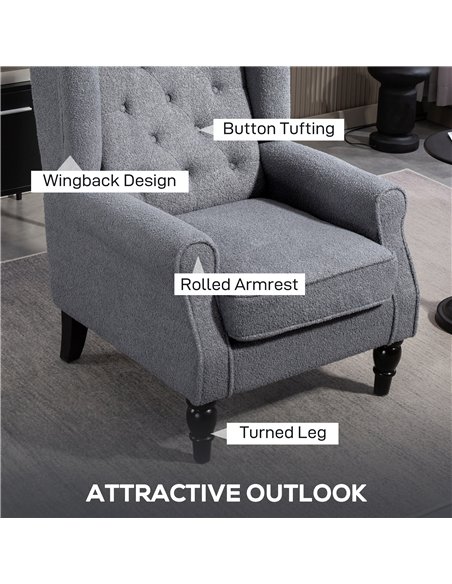 HOMCOM Wingback Accent Chair, Retro Upholstered Button Tufted Occasional Chair for Living Room and Bedroom, Grey - pic 169471 | FastDaddyshop