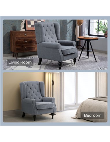 HOMCOM Wingback Accent Chair, Retro Upholstered Button Tufted Occasional Chair for Living Room and Bedroom, Grey