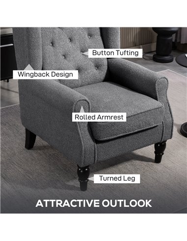 HOMCOM Teddy Fleece Retro Wingback Chair - Grey