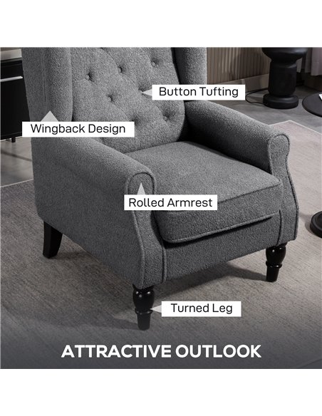 HOMCOM Teddy Fleece Retro Wingback Chair - Grey - pic 169488 | FastDaddyshop