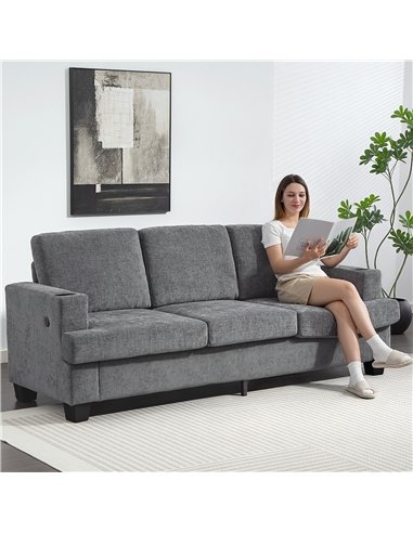 HOMCOM 3 Seater Sofa with USB Ports & Cup Holders - Grey