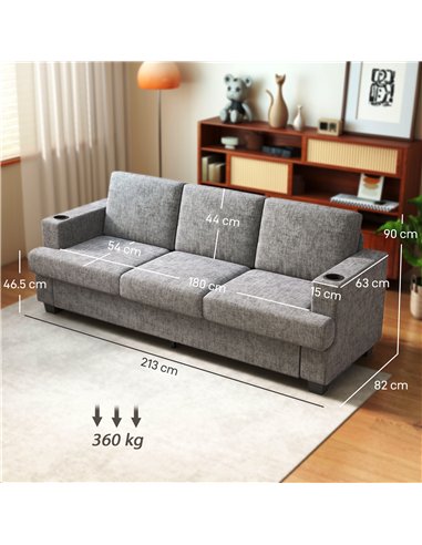 HOMCOM 3 Seater Sofa with USB Ports & Cup Holders - Grey