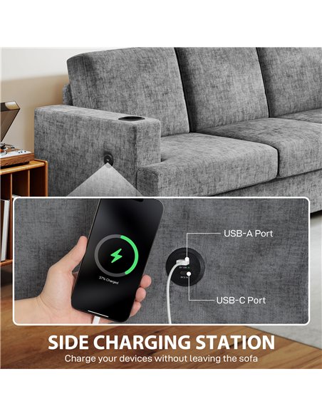 HOMCOM 3 Seater Sofa with USB Ports & Cup Holders - Grey - pic 169497 | FastDaddyshop