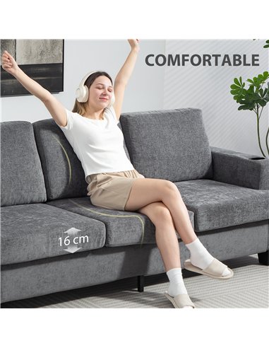 HOMCOM 3 Seater Sofa with USB Ports & Cup Holders - Grey