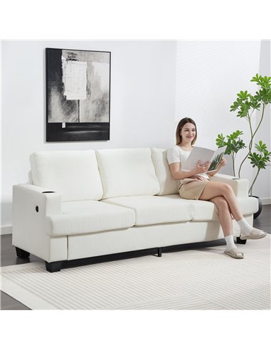 HOMCOM 3 Seater Sofa with USB Ports & Cup Holders - Cream White