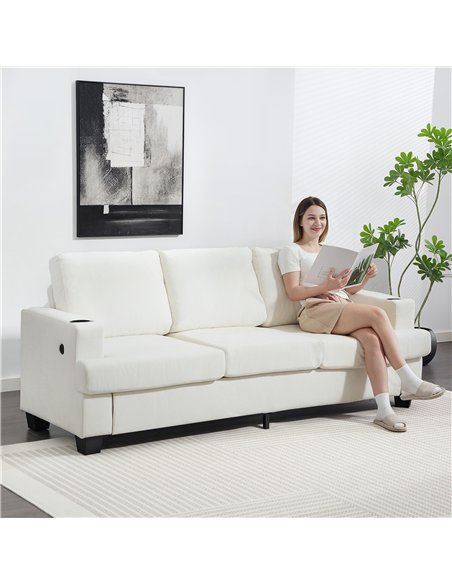 HOMCOM 3 Seater Sofa with USB Ports & Cup Holders - Cream White - pic 169513 | FastDaddyshop