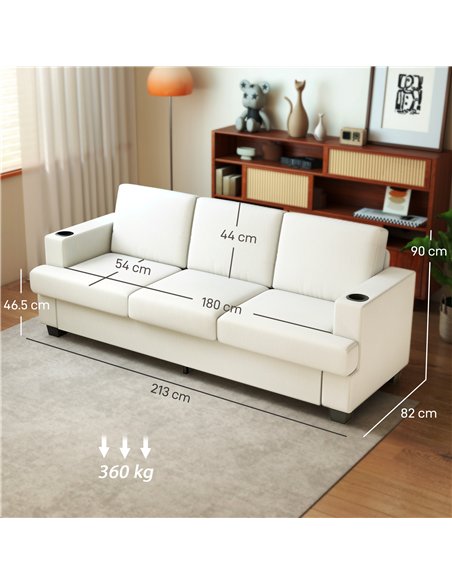 HOMCOM 3 Seater Sofa with USB Ports & Cup Holders - Cream White - pic 169514 | FastDaddyshop