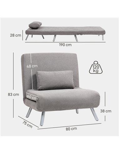 HOMCOM Single Velvet-Feel Chair Bed - Grey