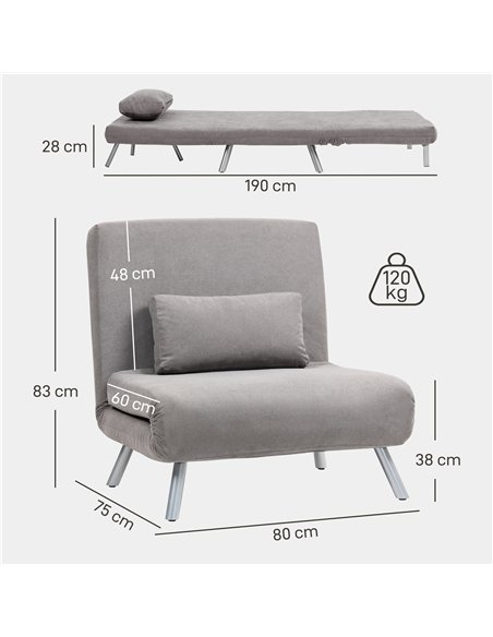HOMCOM Single Velvet-Feel Chair Bed - Grey - pic 169523 | FastDaddyshop