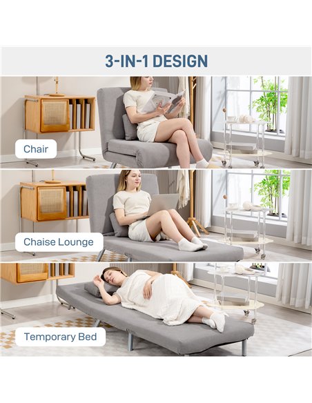 HOMCOM Single Velvet-Feel Chair Bed - Grey - pic 169524 | FastDaddyshop