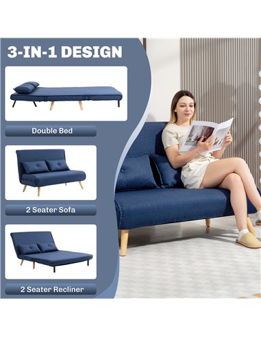 HOMCOM Two-Seater Linen-Look Sofa Bed - Dark Blue