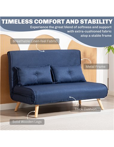 HOMCOM Two-Seater Linen-Look Sofa Bed - Dark Blue
