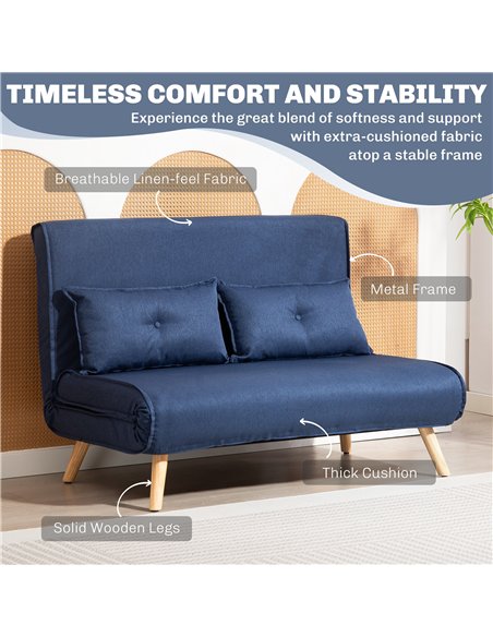 HOMCOM Two-Seater Linen-Look Sofa Bed - Dark Blue - pic 169535 | FastDaddyshop