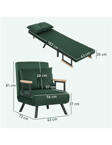 HOMCOM 4-in-1 Velvet-Feel Single Chair Bed, with Pillow - Green