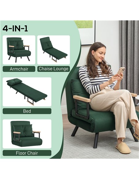 HOMCOM 4-in-1 Velvet-Feel Single Chair Bed, with Pillow - Green - pic 169596 | FastDaddyshop
