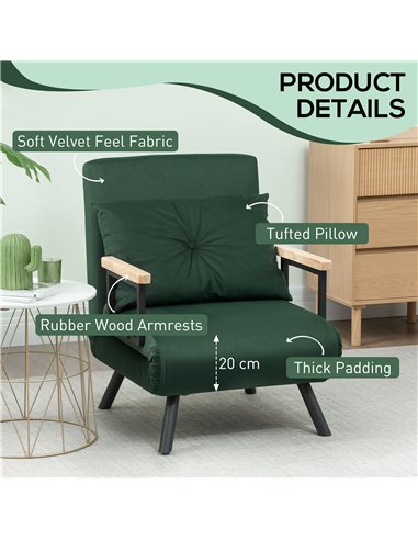 HOMCOM 4-in-1 Velvet-Feel Single Chair Bed, with Pillow - Green