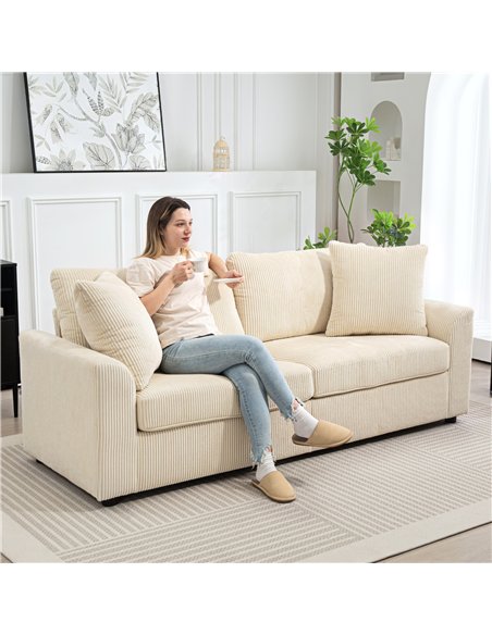 HOMCOM Modern 3 Seater Sofa with Spring Cushion, 212 cm Fabric Jumbo Cord Sofa Couch with 2 Scatter Cushions, Upholstered Cordur - pic 169621 | FastDaddyshop