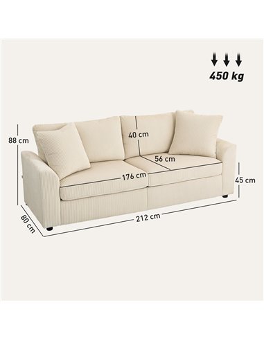 HOMCOM Modern 3 Seater Sofa with Spring Cushion, 212 cm Fabric Jumbo Cord Sofa Couch with 2 Scatter Cushions, Upholstered Cordur