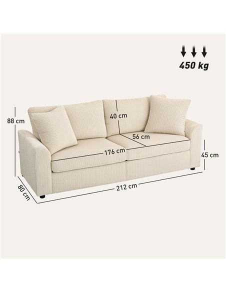 HOMCOM Modern 3 Seater Sofa with Spring Cushion, 212 cm Fabric Jumbo Cord Sofa Couch with 2 Scatter Cushions, Upholstered Cordur - pic 169622 | FastDaddyshop