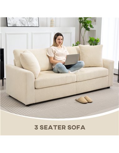 HOMCOM Modern 3 Seater Sofa with Spring Cushion, 212 cm Fabric Jumbo Cord Sofa Couch with 2 Scatter Cushions, Upholstered Cordur