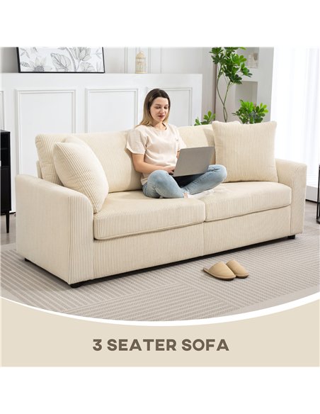 HOMCOM Modern 3 Seater Sofa with Spring Cushion, 212 cm Fabric Jumbo Cord Sofa Couch with 2 Scatter Cushions, Upholstered Cordur - pic 169623 | FastDaddyshop