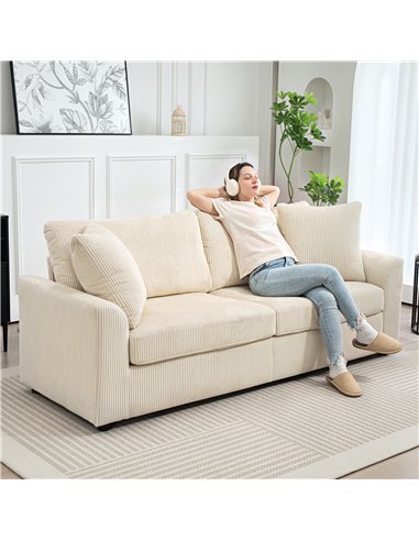 HOMCOM Modern 3 Seater Sofa with Spring Cushion, 212 cm Fabric Jumbo Cord Sofa Couch with 2 Scatter Cushions, Upholstered Cordur