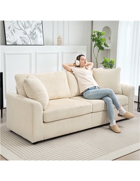 HOMCOM Modern 3 Seater Sofa with Spring Cushion, 212 cm Fabric Jumbo Cord Sofa Couch with 2 Scatter Cushions, Upholstered Cordur - pic 169626 | FastDaddyshop