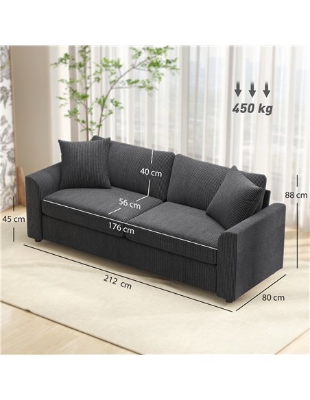 HOMCOM Modern 3 Seater Sofa with Spring Cushion, 212 cm Fabric Jumbo Cord Sofa Couch with 2 Scatter Cushions, Upholstered Cordur - pic 169631 | FastDaddyshop