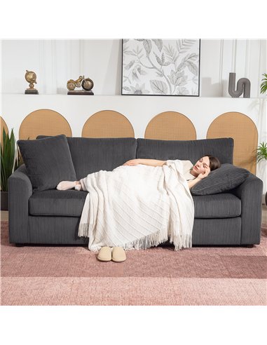 HOMCOM Modern 3 Seater Sofa with Spring Cushion, 212 cm Fabric Jumbo Cord Sofa Couch with 2 Scatter Cushions, Upholstered Cordur