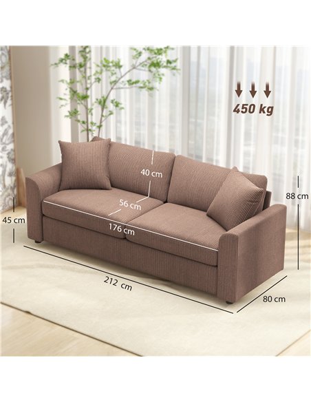 HOMCOM Modern 3 Seater Sofa with Spring Cushion, 212 cm Fabric Jumbo Cord Sofa Couch with 2 Scatter Cushions, Upholstered Cordur - pic 169649 | FastDaddyshop
