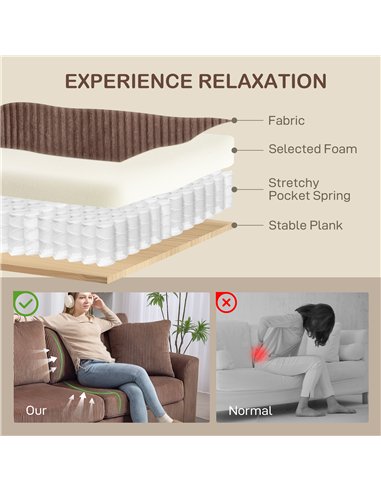 HOMCOM Modern 3 Seater Sofa with Spring Cushion, 212 cm Fabric Jumbo Cord Sofa Couch with 2 Scatter Cushions, Upholstered Cordur