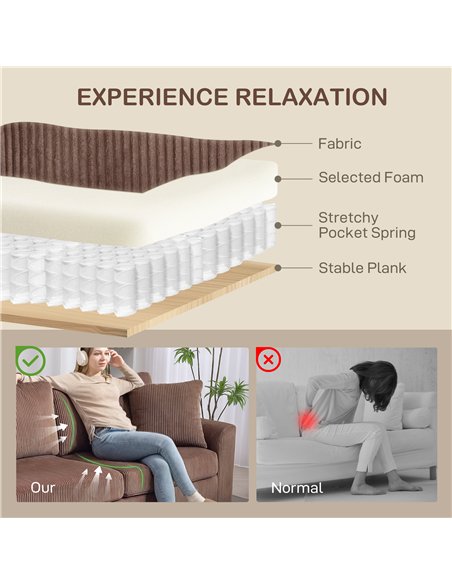 HOMCOM Modern 3 Seater Sofa with Spring Cushion, 212 cm Fabric Jumbo Cord Sofa Couch with 2 Scatter Cushions, Upholstered Cordur - pic 169651 | FastDaddyshop