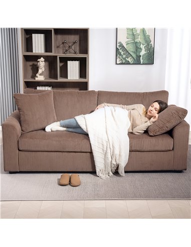 HOMCOM Modern 3 Seater Sofa with Spring Cushion, 212 cm Fabric Jumbo Cord Sofa Couch with 2 Scatter Cushions, Upholstered Cordur