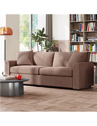 HOMCOM Modern 3 Seater Sofa with Spring Cushion, 212 cm Fabric Jumbo Cord Sofa Couch with 2 Scatter Cushions, Upholstered Cordur