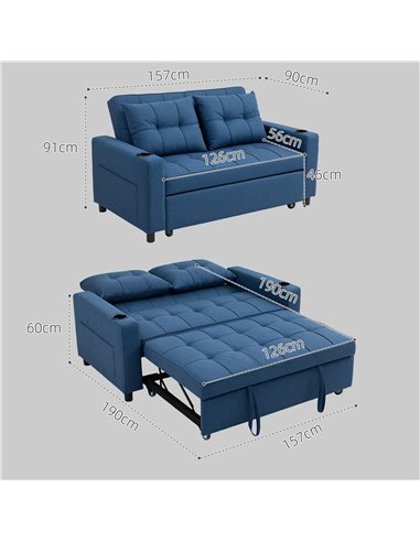 HOMCOM Two-Seater Pull-Out Sofa Bed - Dark Blue