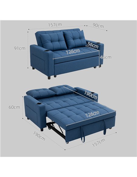 HOMCOM Two-Seater Pull-Out Sofa Bed - Dark Blue - pic 169667 | FastDaddyshop