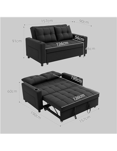 HOMCOM Two-Seater Pull-Out Sofa Bed - Black