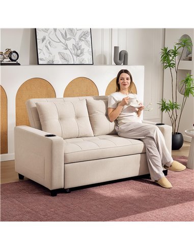 HOMCOM Two-Seater Pull-Out Sofa Bed - Beige