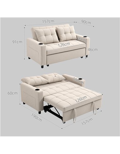 HOMCOM Two-Seater Pull-Out Sofa Bed - Beige
