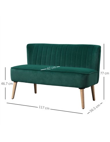 HOMCOM Modern Velvet Double Seat Sofa w/ Wood Frame Foam Padding High Back Soft Comfortable Compact Couch Green