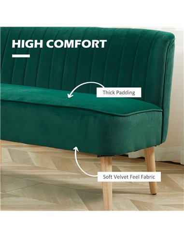 HOMCOM Modern Velvet Double Seat Sofa w/ Wood Frame Foam Padding High Back Soft Comfortable Compact Couch Green