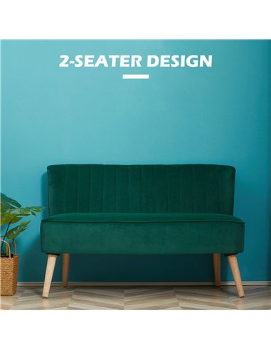 HOMCOM Modern Velvet Double Seat Sofa w/ Wood Frame Foam Padding High Back Soft Comfortable Compact Couch Green